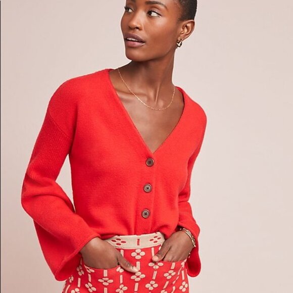 Anthropologie Moth Bell-Sleeved Red Cardigan - Picture 3 of 11
